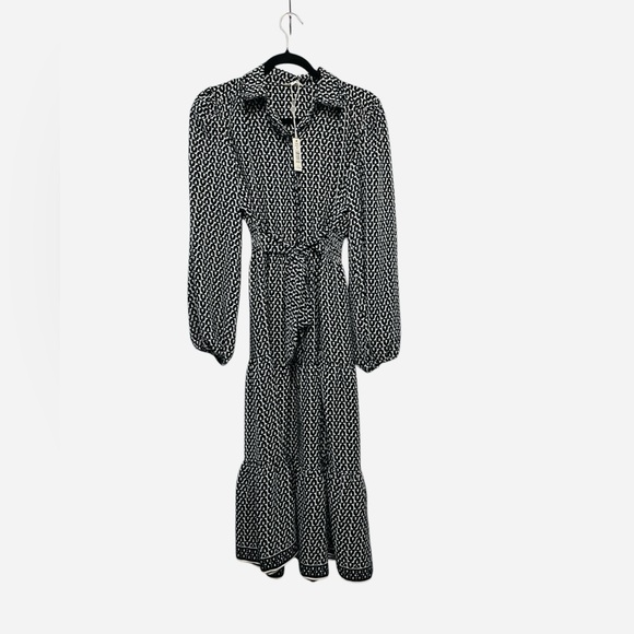 Max Studio Black and White Patterned Belted Long Sleeve Shirt Dress - Picture 1 of 6